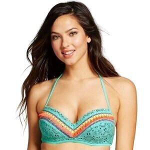 NWT Shade & Shore Sea Breeze Halter Bikini Top Strappy Studded Lace Tassels 32C